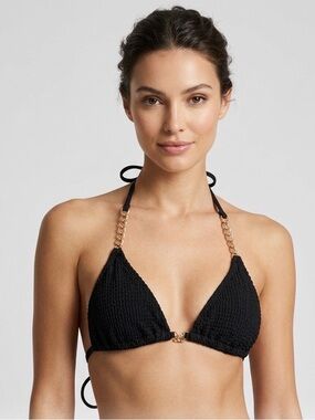 New Small Black Seersucker Bikini Top Gold Chain Link Straps Textured Swim Top
